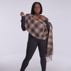 Plaid Oblong Fringe Scarf - Nude/Red/Black